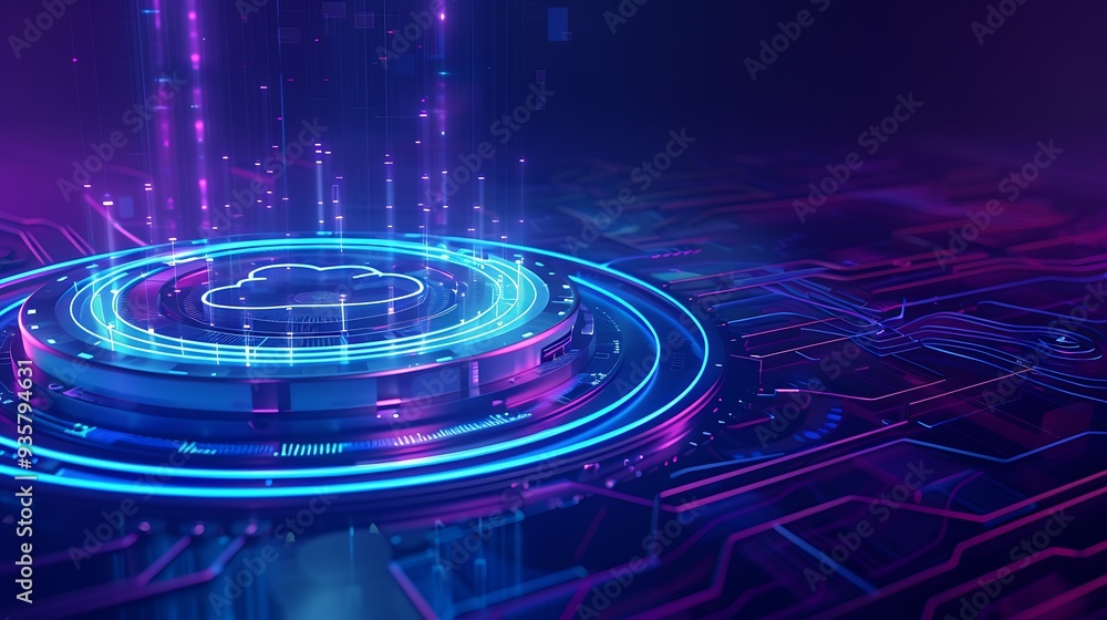 Poster futuristic digital cloud computing network with vibrant neon lights and technology circuit board bac