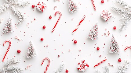 Abstract wallpaper with tiny Christmas trees and candy canes on a white background