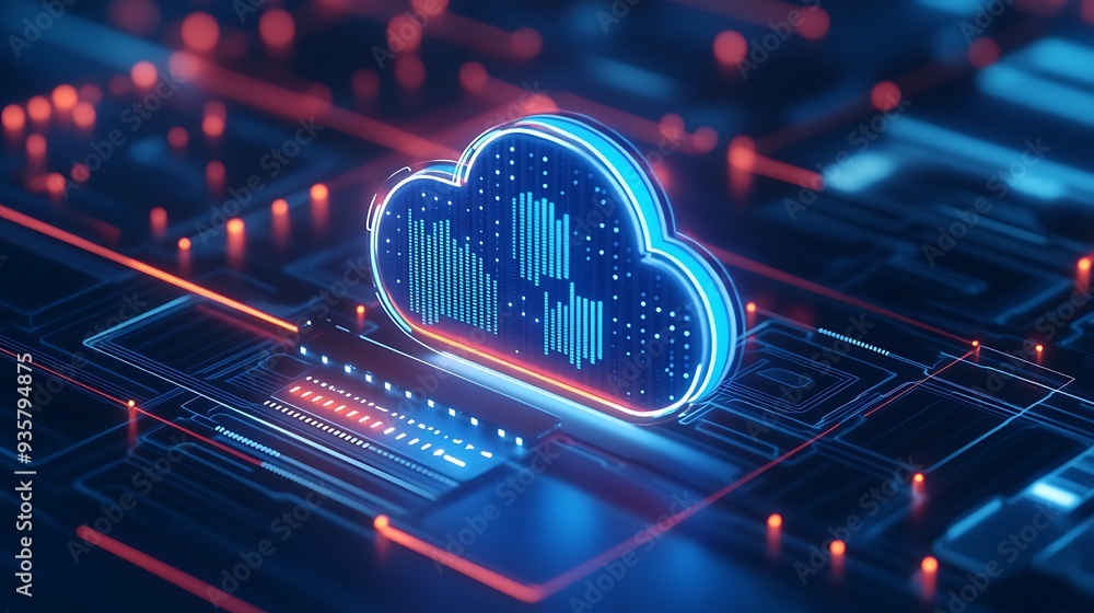 Poster futuristic digital cloud computing technology concept with neon lights and data representation on a 