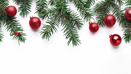 Merry Christmas, festive celebration holiday holidays greeting card - Red ornaments, christmas baubles, and fir or spruce branches frame border decoration, isolated on white background, top view flat 