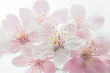 Fototapeta premium Close-up view of pink cherry blossom flowers adorned with delicate water droplets, capturing the ethereal beauty of spring and the transient nature of blooms in full detail.