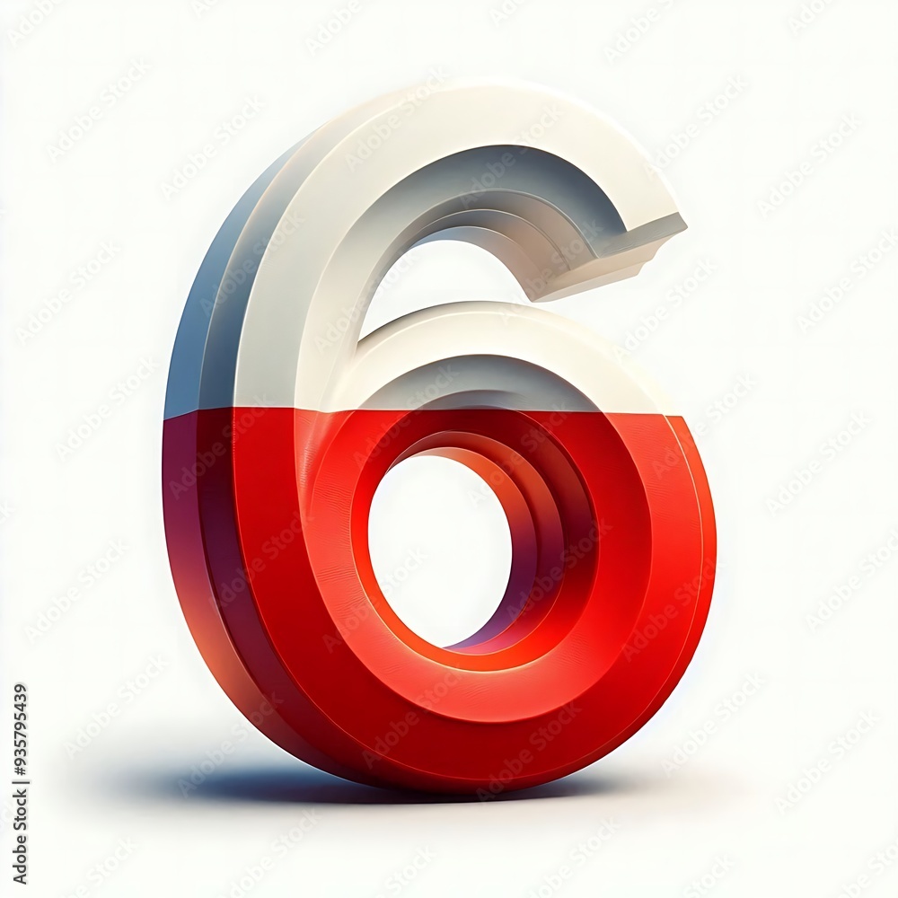 Poster the number 6 is in red and white. it is a stylized number that looks like a circle with a red and wh