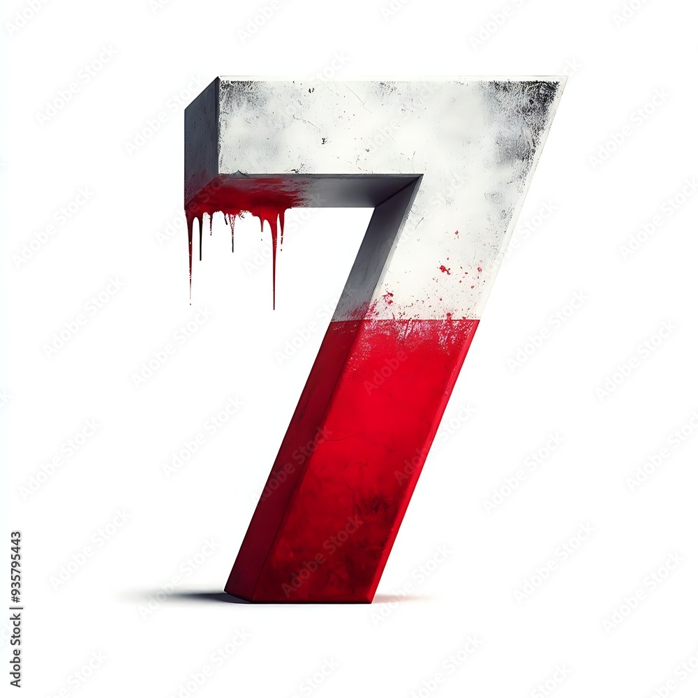 Poster the number 7 is written in red and white, with a red line dividing the two colors. the number is sur