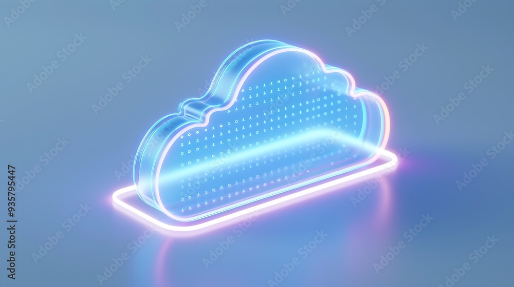 Poster futuristic digital cloud depicted with neon lights and binary code, representing data storage and te