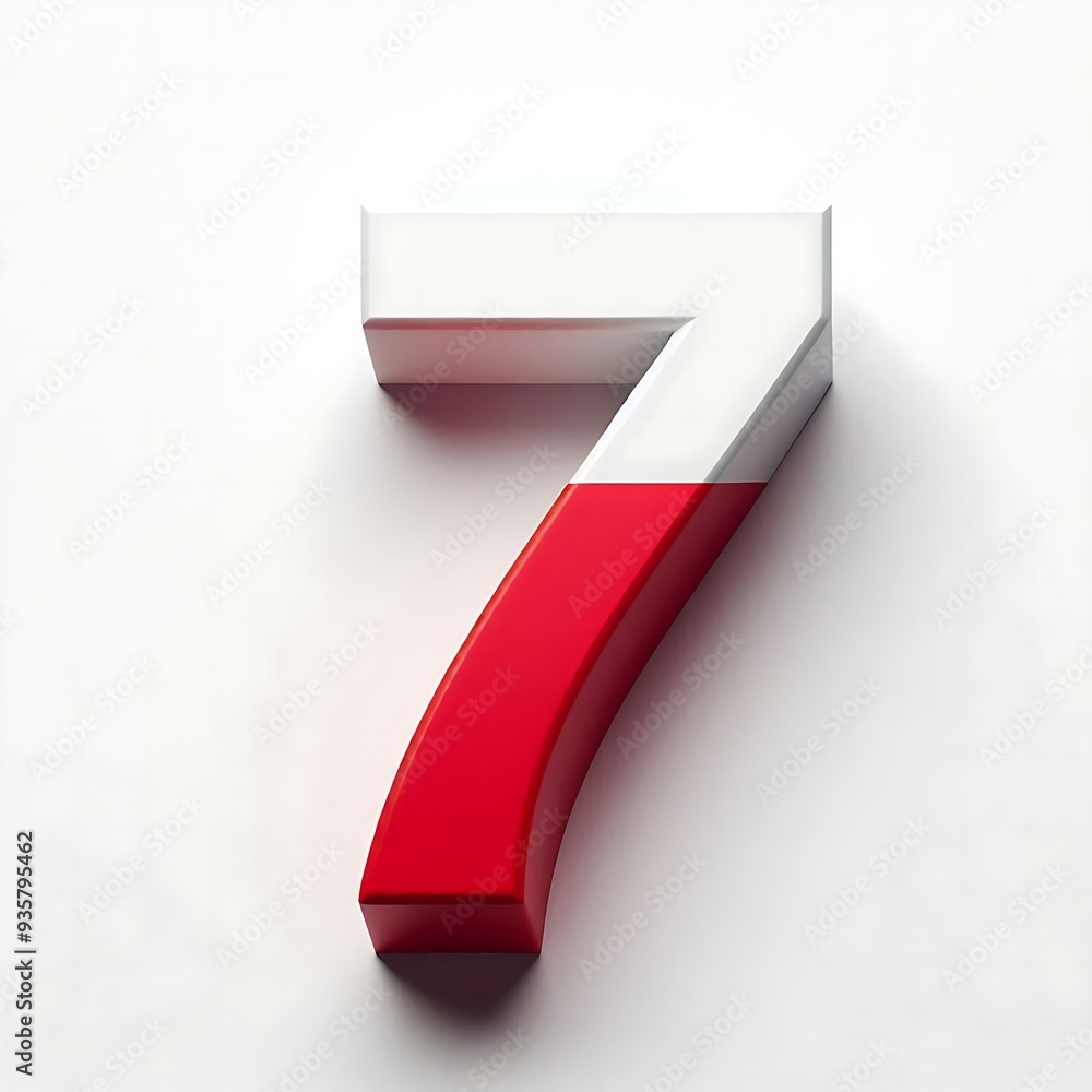 Poster a red and white number 7 is shown in a white background. the red and white color scheme gives the nu
