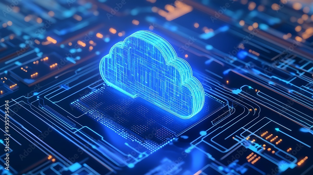 Aufkleber futuristic digital cloud icon on a circuit board, representing cloud computing, data storage, and mo