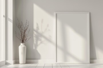 A white framed picture sits in a room with a white vase