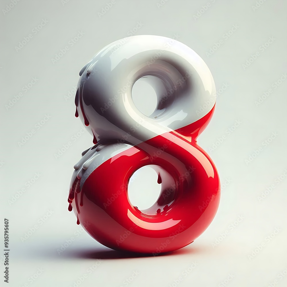 Poster a red and white 8 is dripping with paint. the dripping paint gives the number a sense of movement an