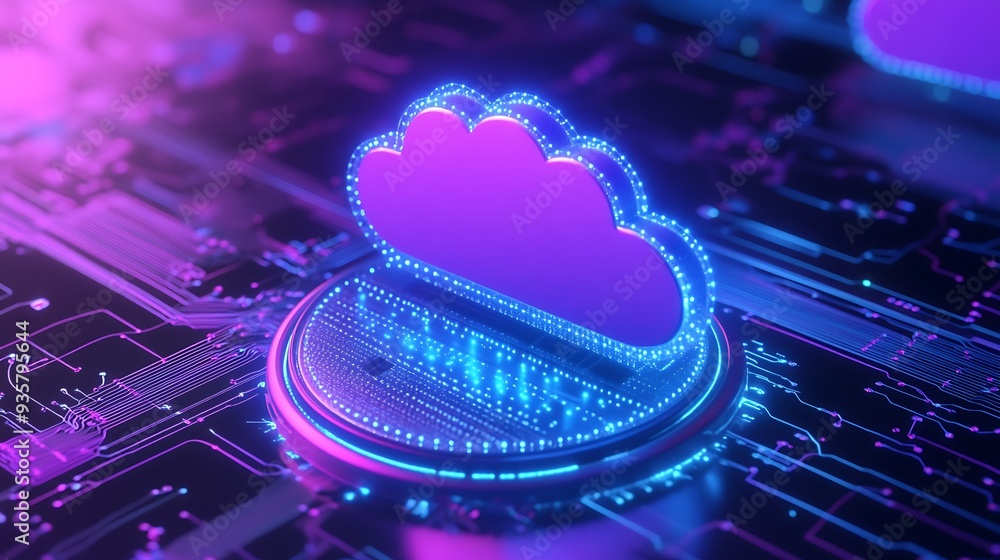 Poster futuristic digital cloud icon with glowing effects, representing cloud computing and data storage in