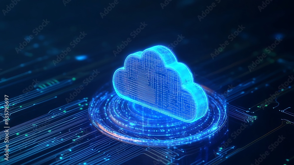 Aufkleber futuristic digital cloud icon with data circuit, symbolizing cloud computing, data storage, and tech