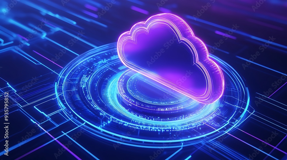 Poster futuristic digital cloud icon with neon colors, representing cloud computing, technology, and data s