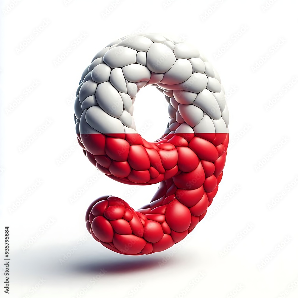 Poster the number nine is made up of red and white spheres. the red spheres are arranged in a spiral patter