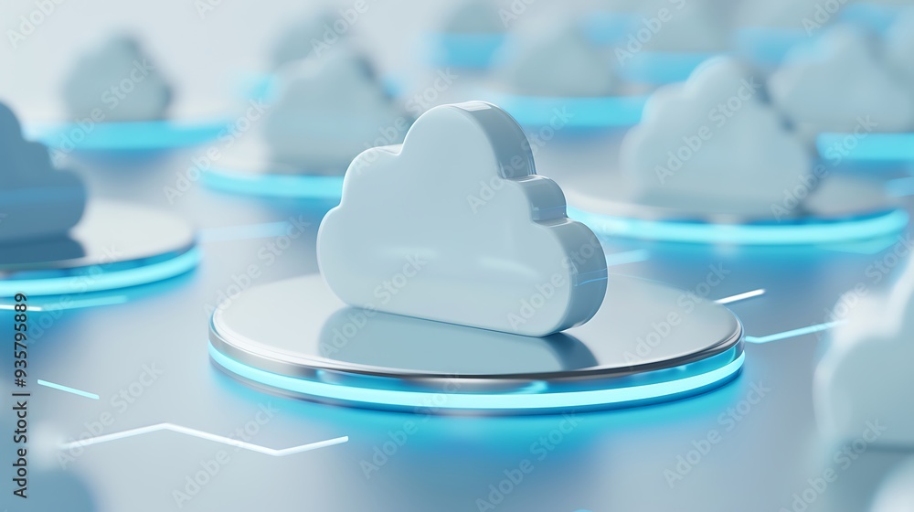 Poster Futuristic digital cloud infrastructure concept with multiple clouds on platforms, showcasing advanced technology and data storage solutions.