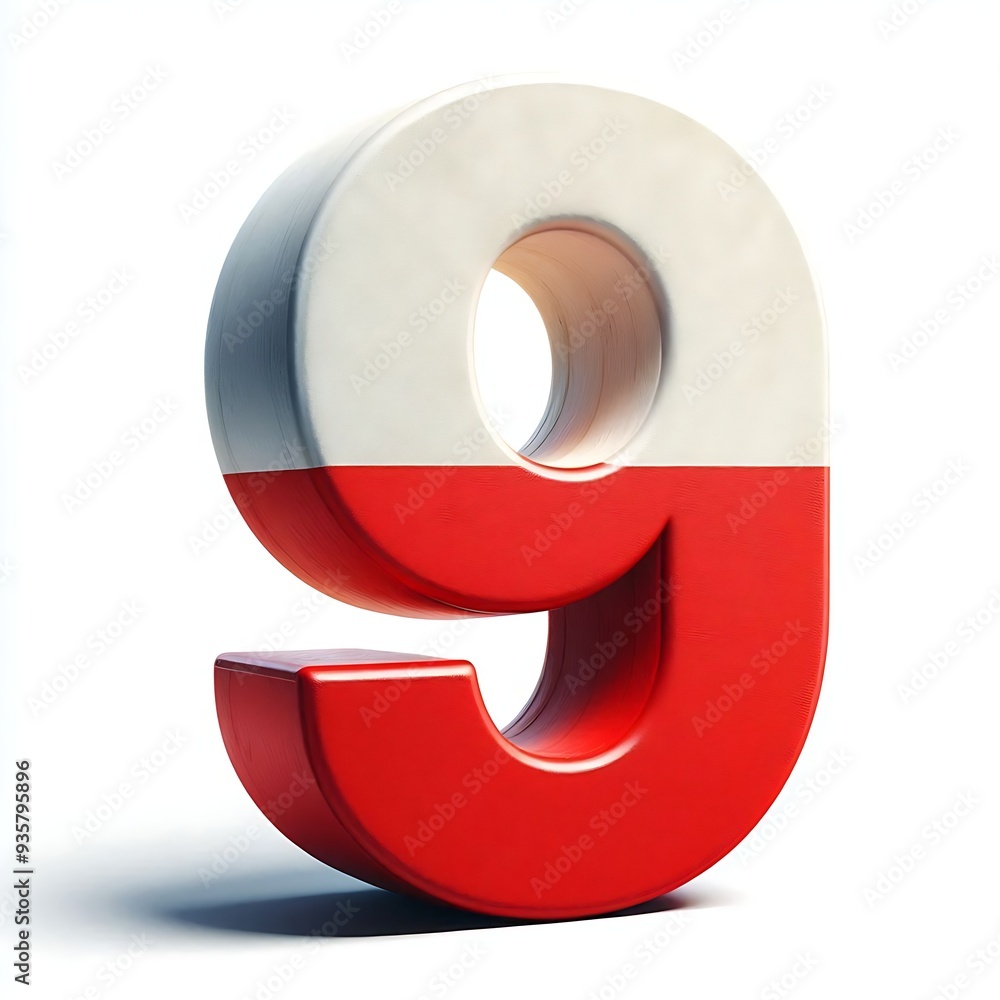 Poster the number nine is made up of two red and white circles. the red circle is on the left side of the n