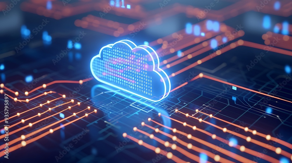 Poster futuristic digital cloud network technology with luminous connections and virtual data exchange, rep