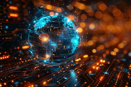 A glowing globe with a blue center and orange edges