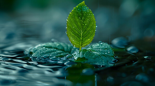 A macro shot of a raindrop-covered leaf with a 3D holographic object floating just above