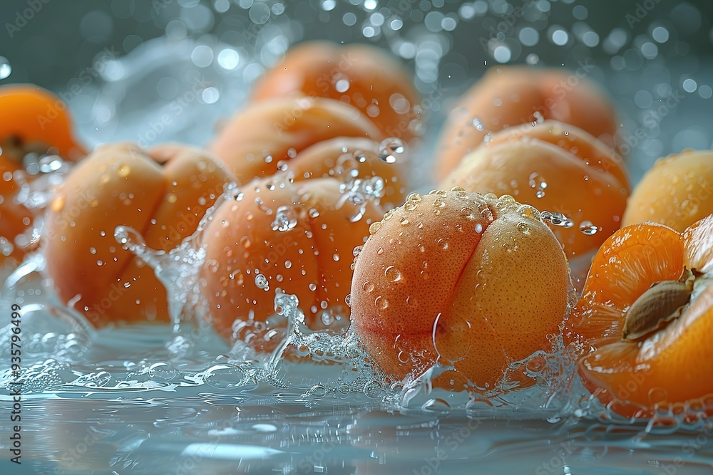 Poster a bunch of oranges are floating in a pool of water