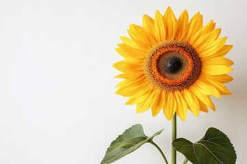 Obraz premium The image shows a sunflower with vibrant yellow petals and green leaves, standing against a pale background, symbolizing joy, vitality, and an abundant summer harvest.
