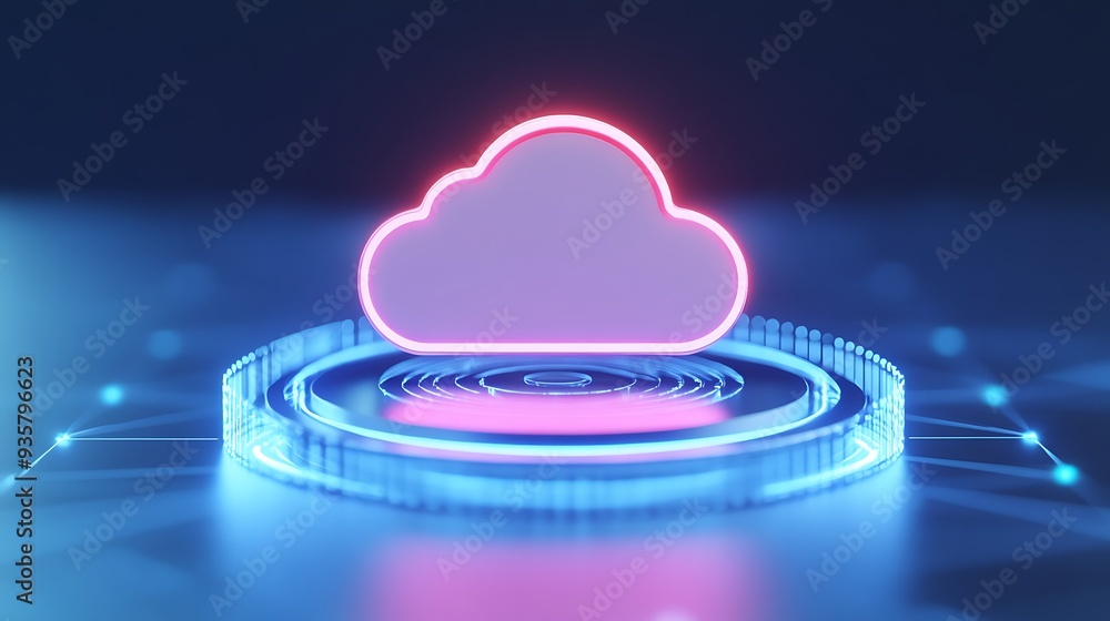 Poster futuristic digital cloud symbol in neon lights, representing cloud computing and data technology on 