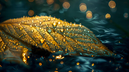 A macro shot of a raindrop-covered leaf with a 3D holographic object floating just above
