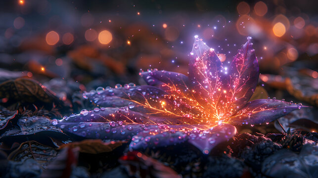 A macro shot of a raindrop-covered leaf with a 3D holographic object floating just above