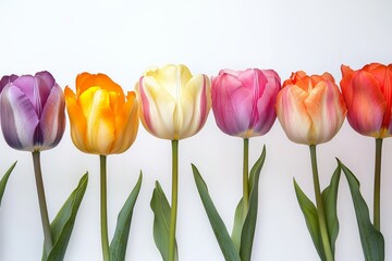 Naklejka premium A stunning close-up of vibrant tulip flowers, each showcasing a unique color, aligned in a row against a pristine white backdrop, highlighting their natural beauty and elegance.