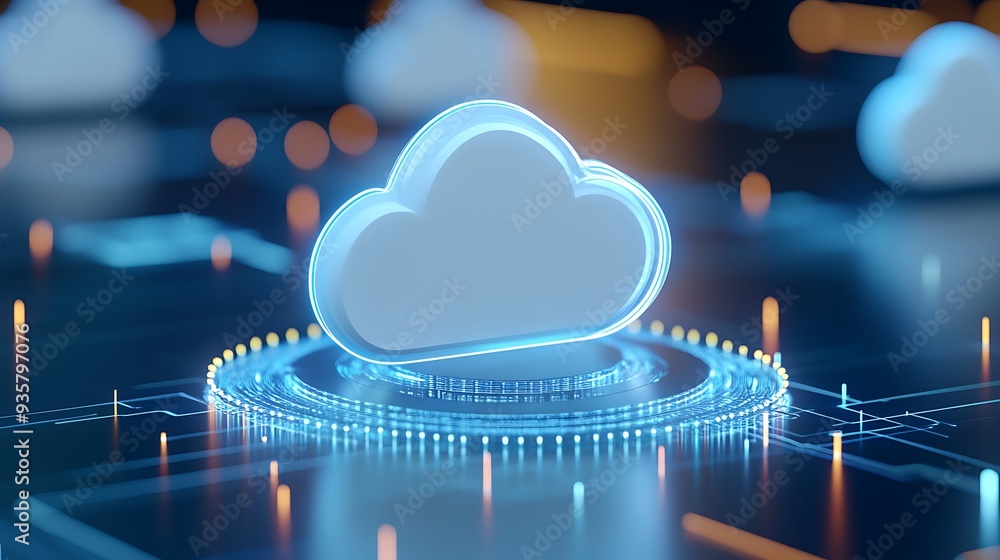 Poster futuristic digital cloud symbolizing cloud computing, data storage, and technology innovation with a