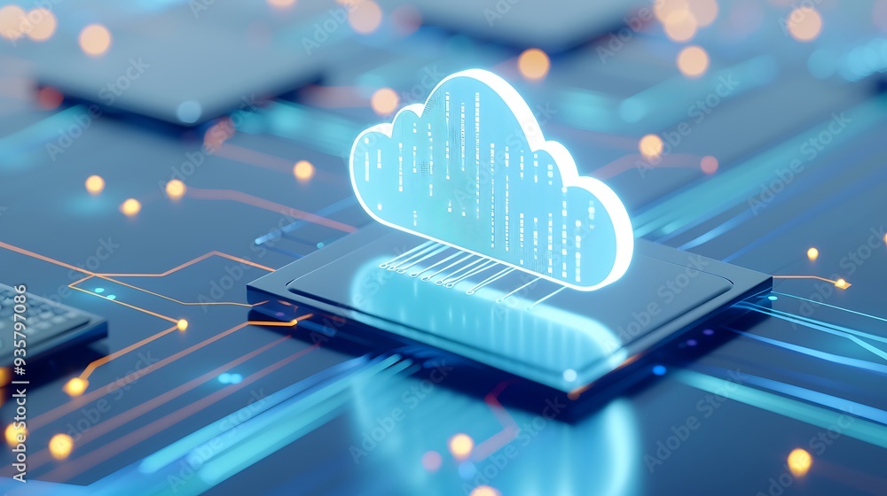 Poster futuristic digital cloud symbolizing modern data storage and management on a microchip in a high-tec