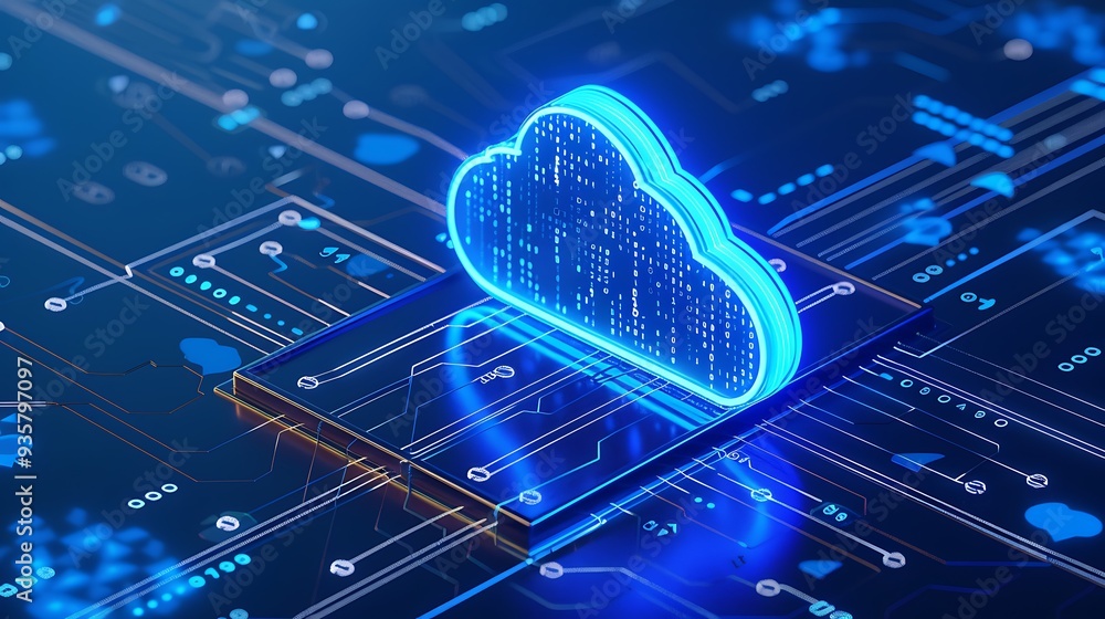 Poster futuristic digital cloud technology concept depicting data connectivity, network visualization, and 