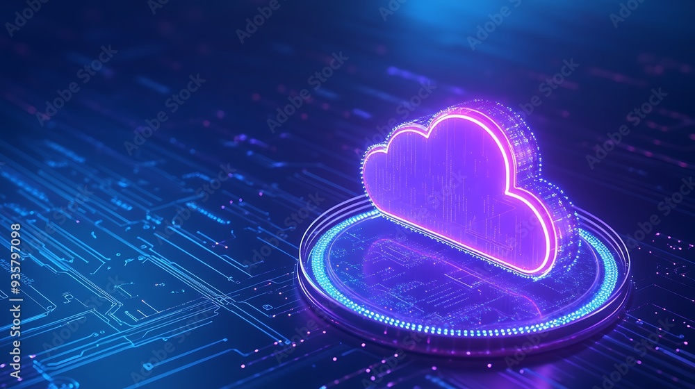 Poster futuristic digital cloud technology concept, glowing neon cloud symbol on a circuit board background