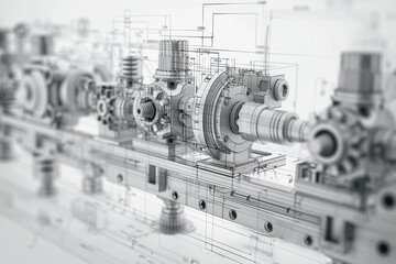 A drawing of a machine with many gears and a large gear in the middle