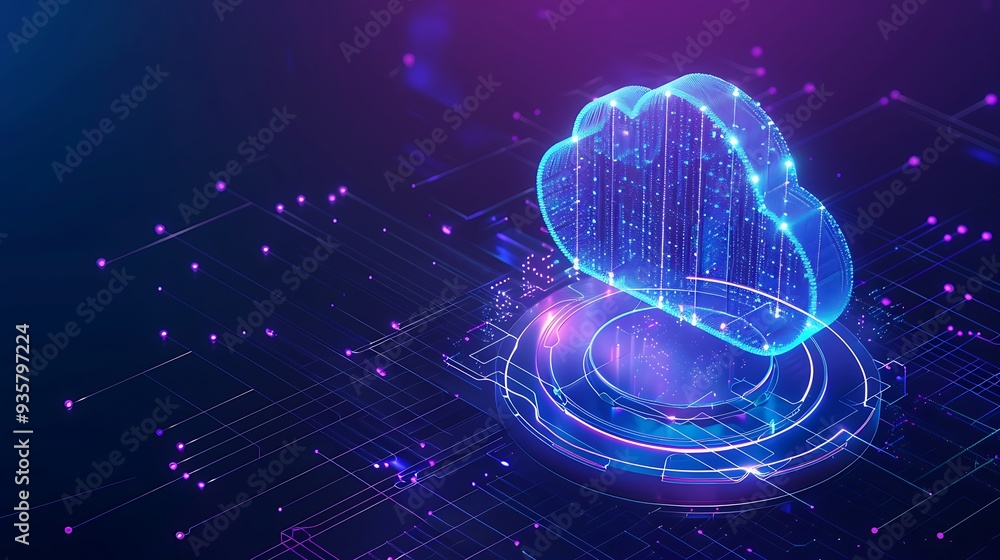 Poster futuristic digital cloud technology concept with blue glowing lines and circuit board, representing 