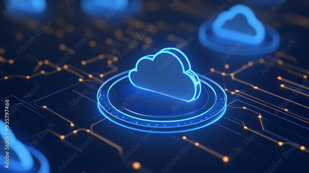 Poster futuristic digital cloud technology concept with glowing blue clouds and circuit lines, representing