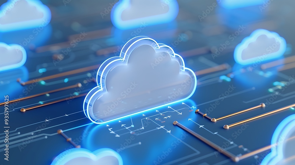 Poster futuristic digital cloud technology concept with glowing neon blue cloud icons on circuit boards, re