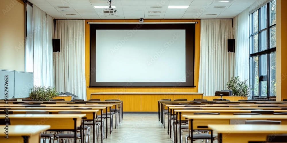 Poster empty classroom with projector screen
