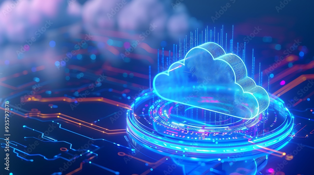 Poster futuristic digital cloud technology concept with neon lights and network connections symbolizing clo