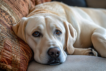 Labrador Retriever Resting on Sofa - Cozy and Comfortable Living Room