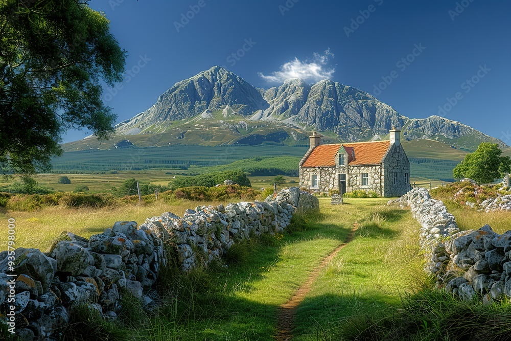 Poster a small house sits in a field with a mountain in the background