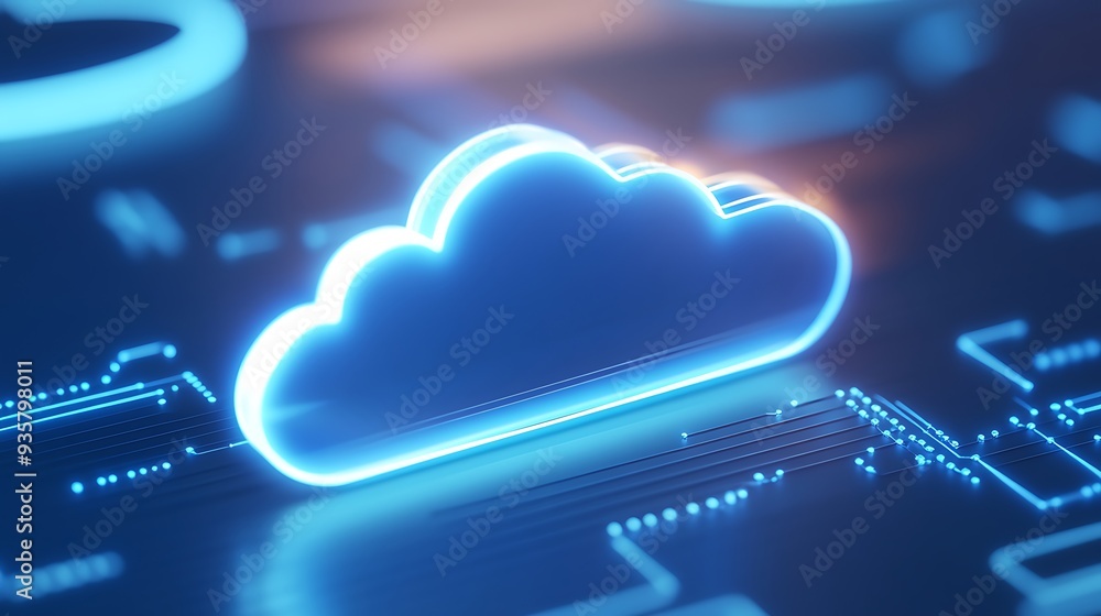 Poster futuristic digital cloud technology representation with neon glow and circuit board elements, illust