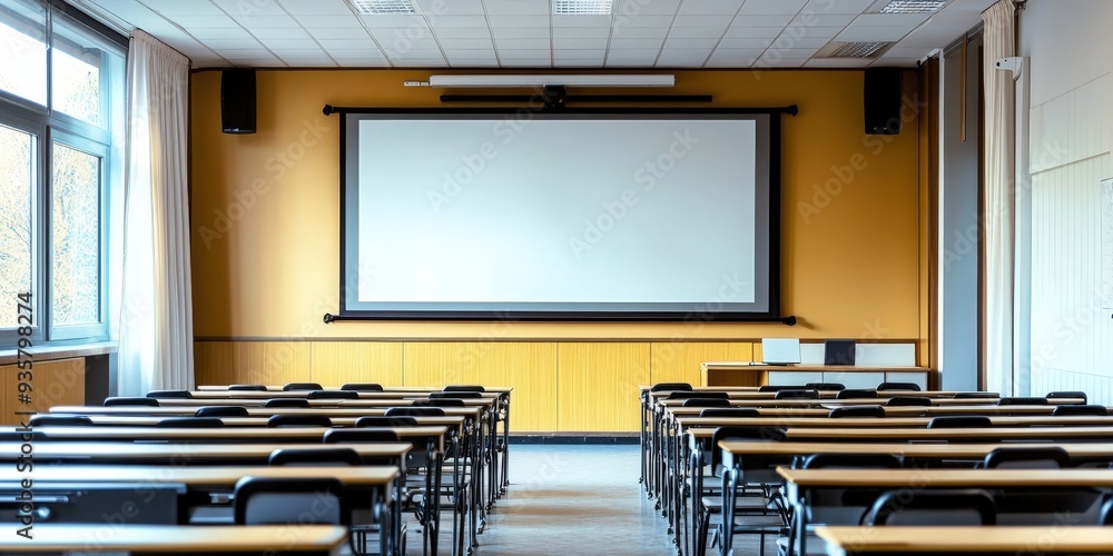Poster empty classroom with projector screen