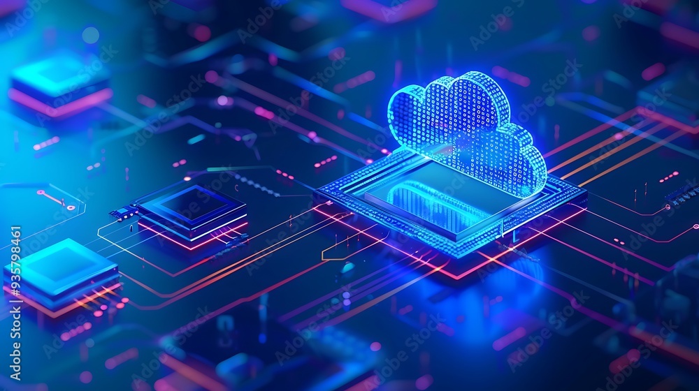 Poster futuristic digital depiction of cloud computing technology interconnected with electronic circuits a