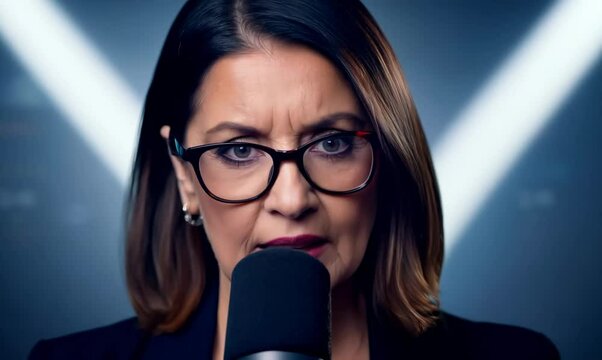 Close-up of a Passionate News Commentator in a Modern Newsroom