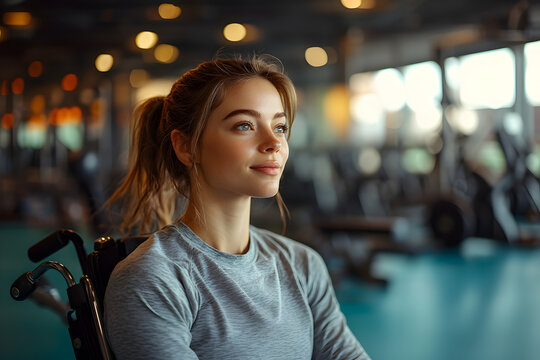 Dramatic side view of active woman using wheelchair in gym and doing strength training with contouring sunlight copy space
