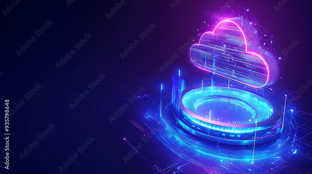 Poster futuristic digital glowing cloud technology concept showing data transfer and computing in neon hues
