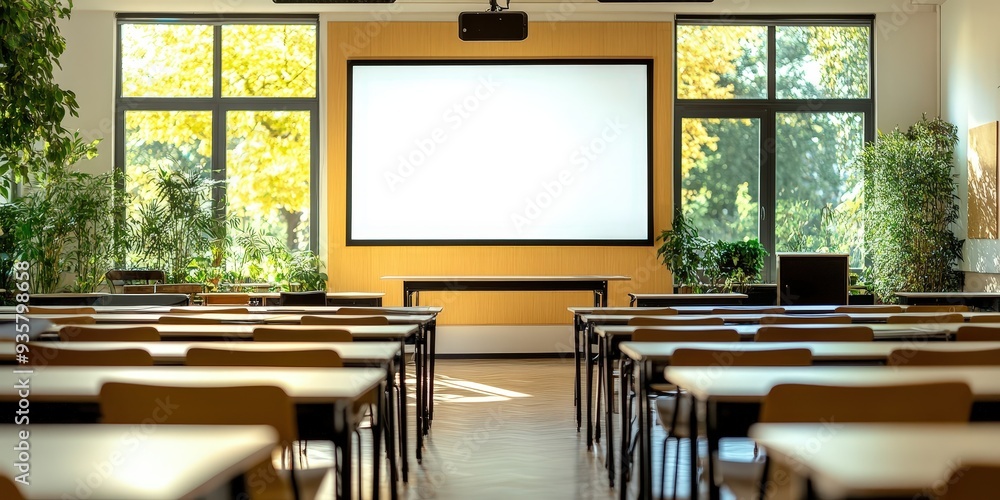 Poster empty classroom with projector screen