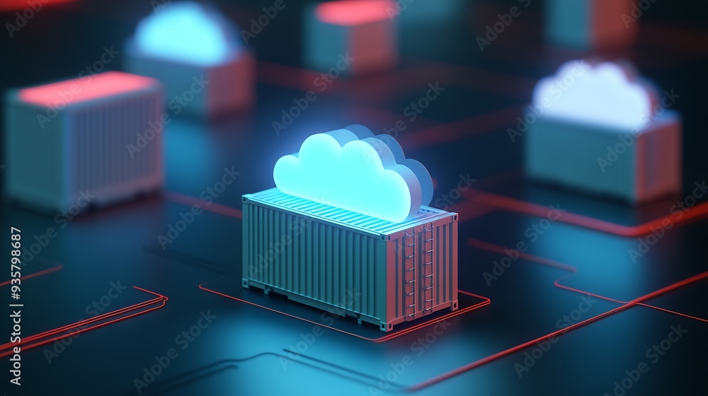 Poster futuristic digital illustration of cloud computing and data storage represented by glowing container