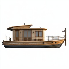 Fototapeta premium Photorealistic Houseboat Rendering: Beach Style, Isolated on White Background