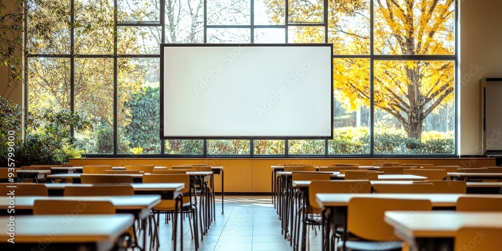 Poster empty classroom with a whiteboard and a view