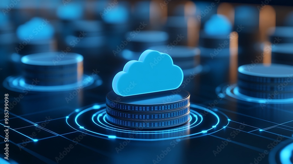 Poster futuristic digital representation of cloud computing and data storage with neon blue graphics. key t